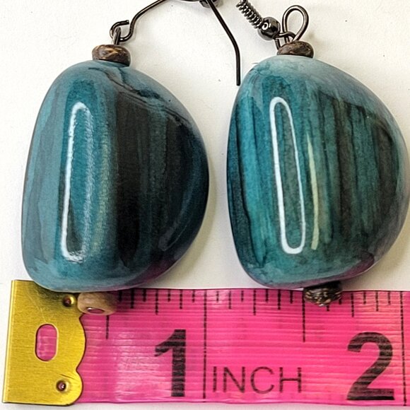 Teal/Black/Golden Colour Fusion Wood Bead Drop Earrings with Silver Tone Closure - Picture 5 of 8